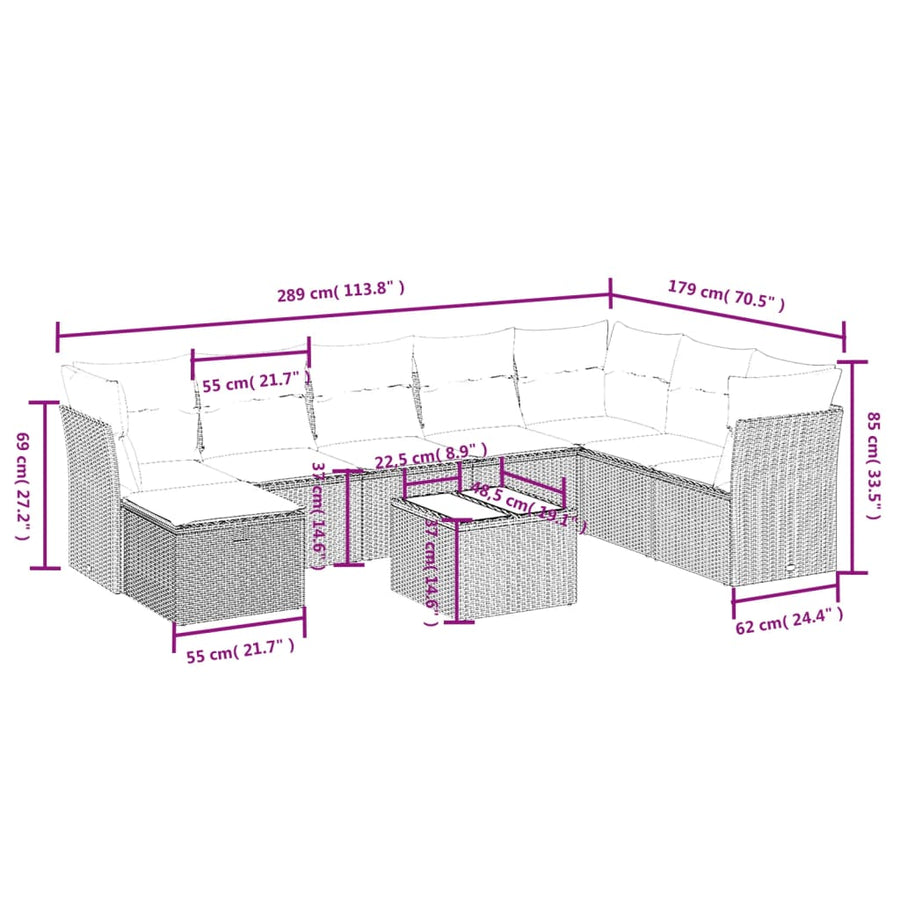 9-delige Loungeset met kussens poly rattan zwart