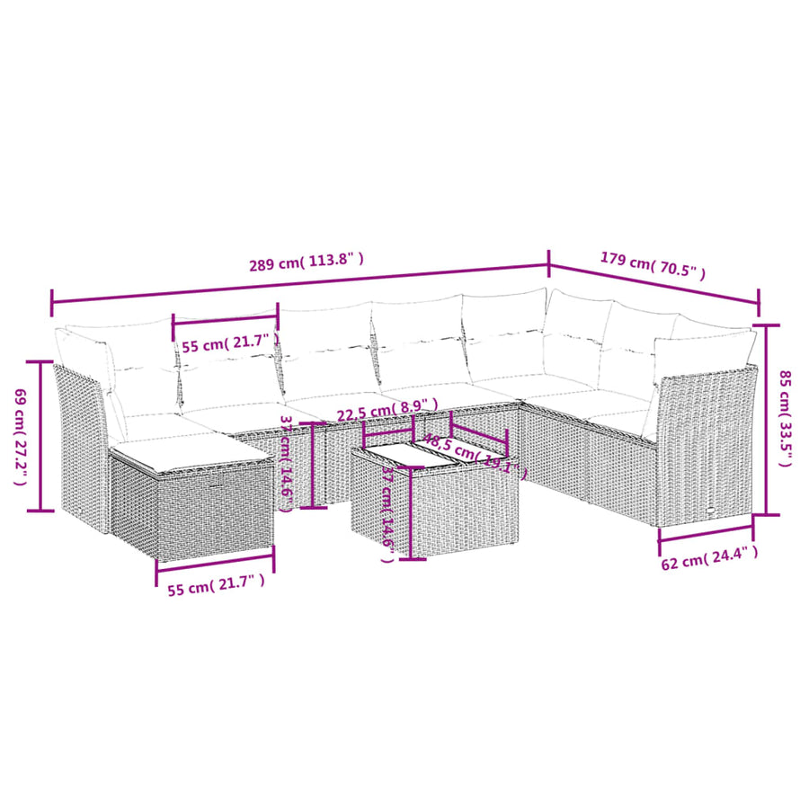9-Delige Loungeset Met Kussens Poly Rattan Beige