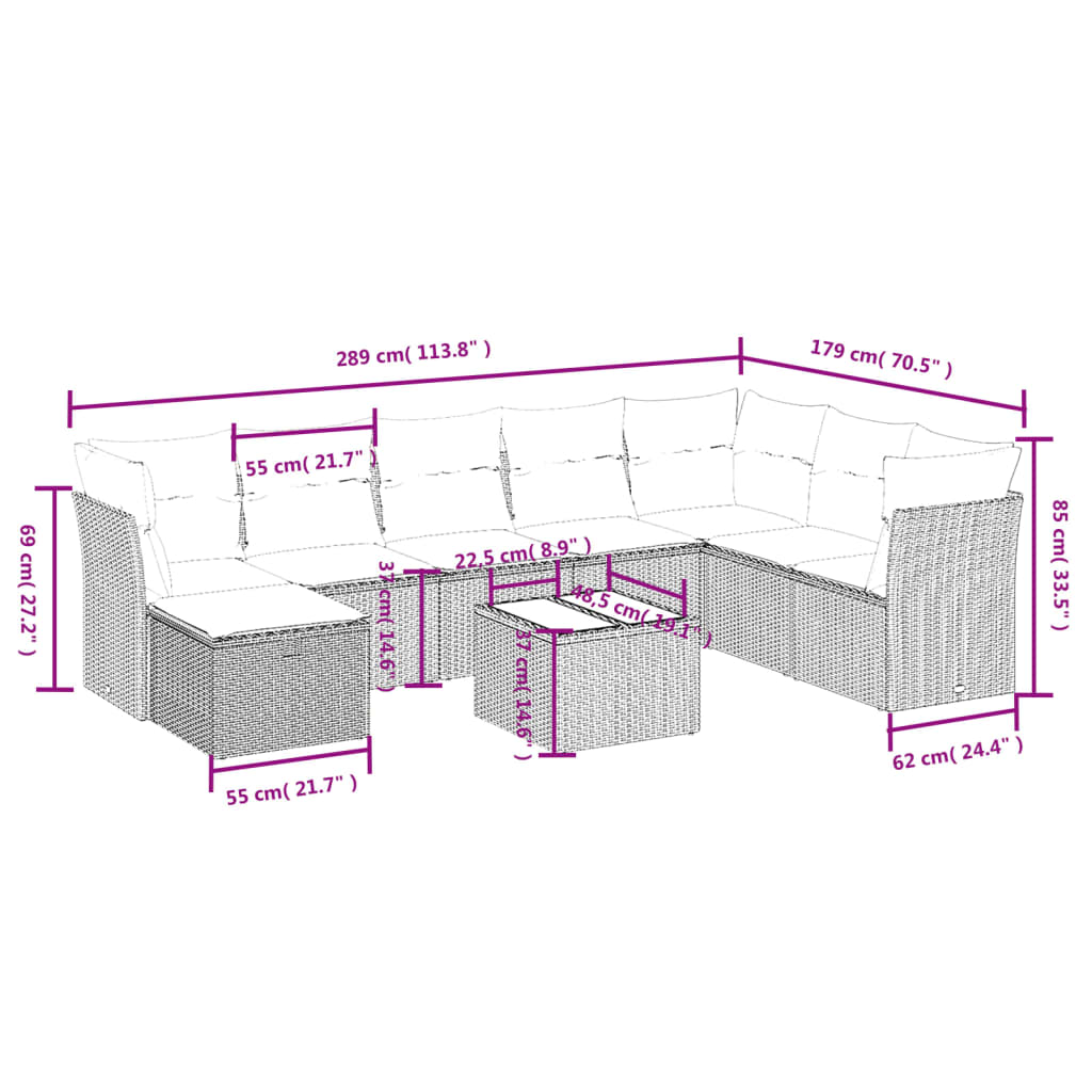 9-delige Loungeset met kussens poly rattan lichtgrijs