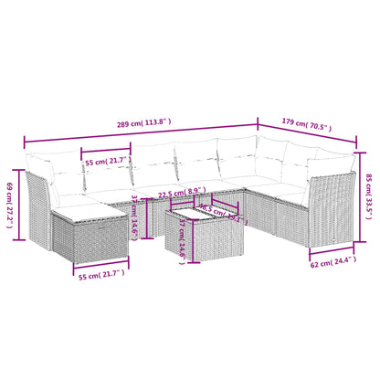 9-delige Loungeset met kussens poly rattan lichtgrijs