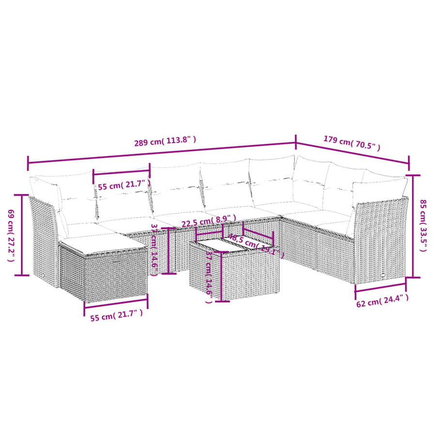 9-delige Loungeset met kussens poly rattan lichtgrijs