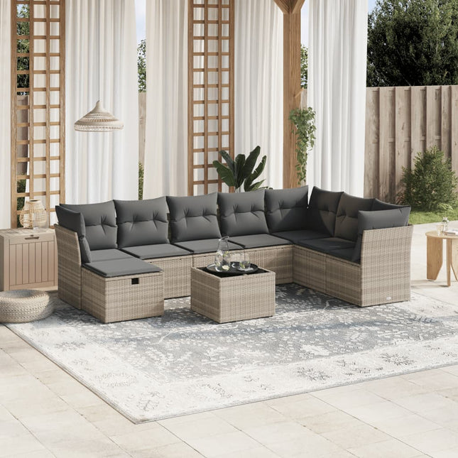 9-delige Loungeset met kussens poly rattan lichtgrijs