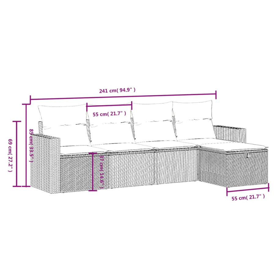 5-delige Loungeset met kussens poly rattan beige