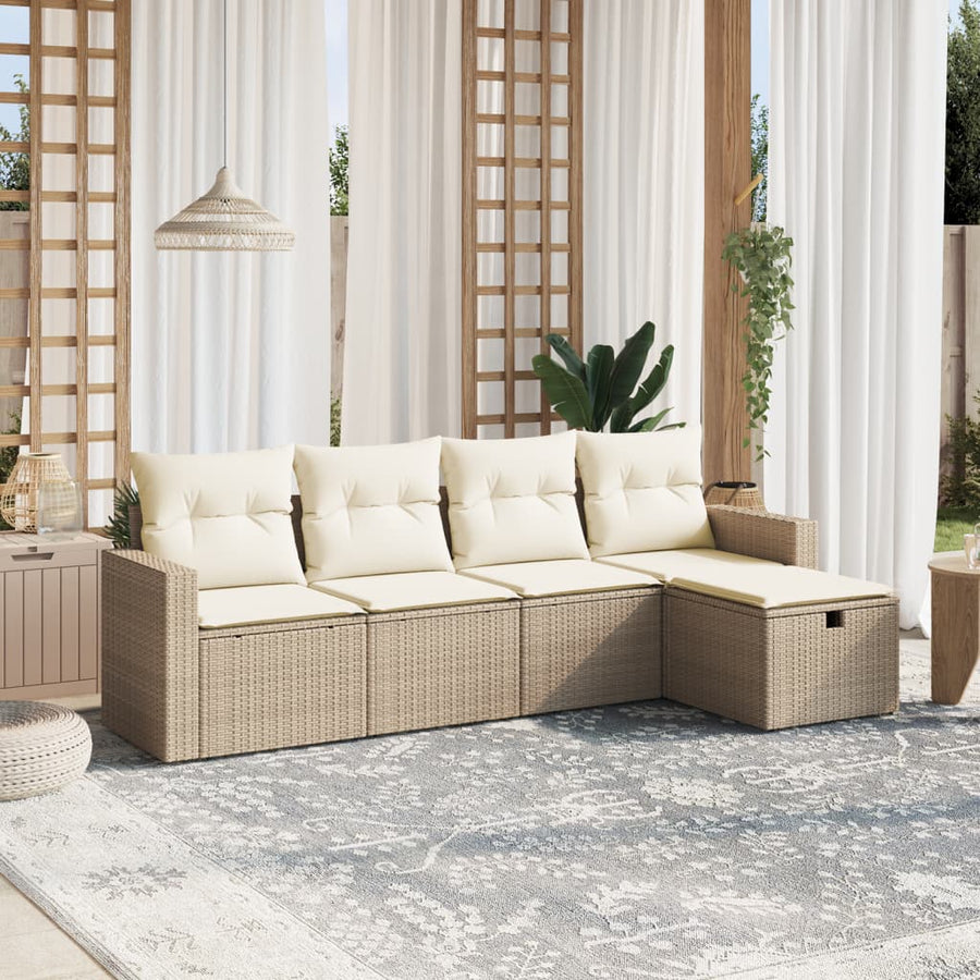 5-delige Loungeset met kussens poly rattan beige
