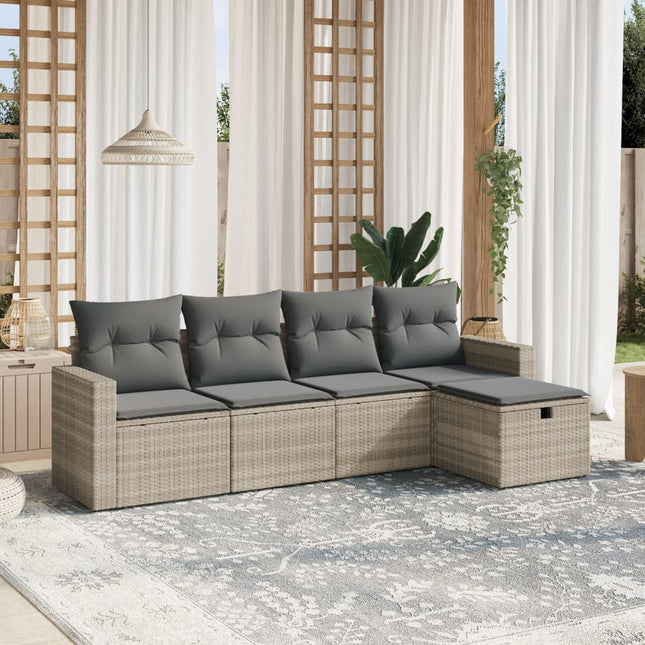 5-delige Loungeset met kussens poly rattan lichtgrijs