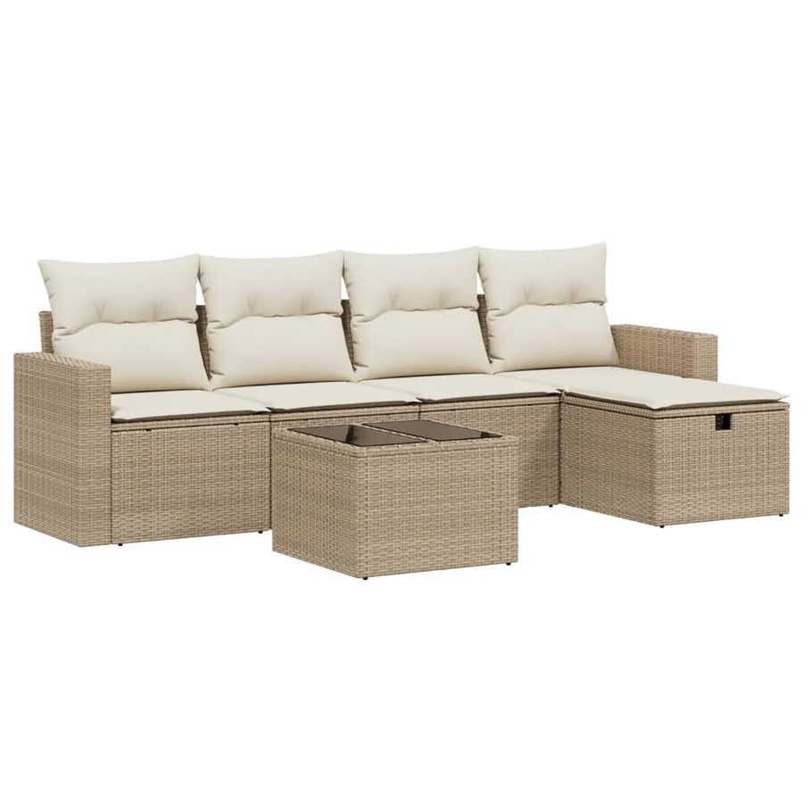 6-delige Loungeset met kussens poly rattan beige