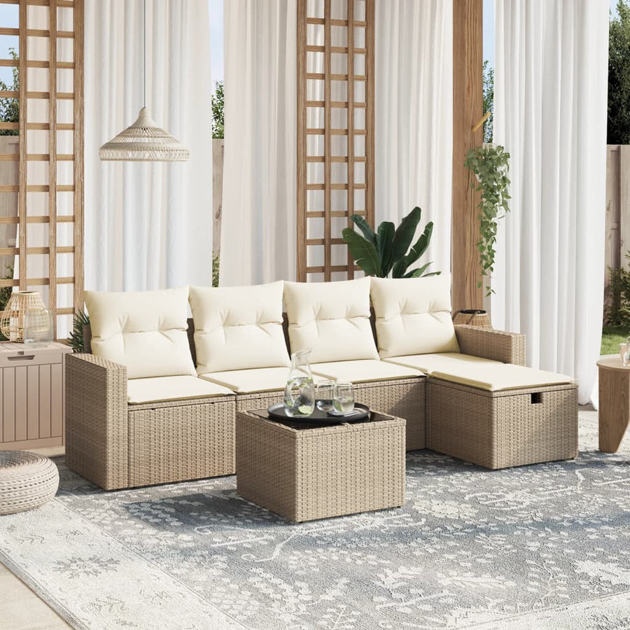 6-delige Loungeset met kussens poly rattan beige