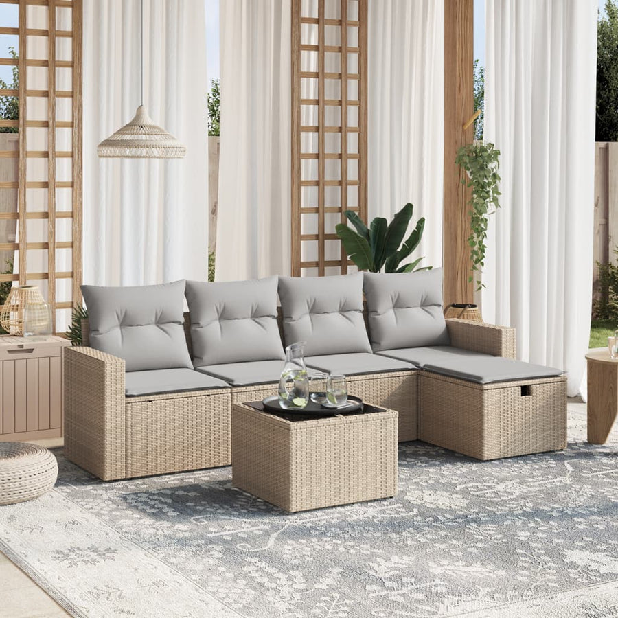 6-Delige Loungeset Met Kussens Poly Rattan Gemengd Beige