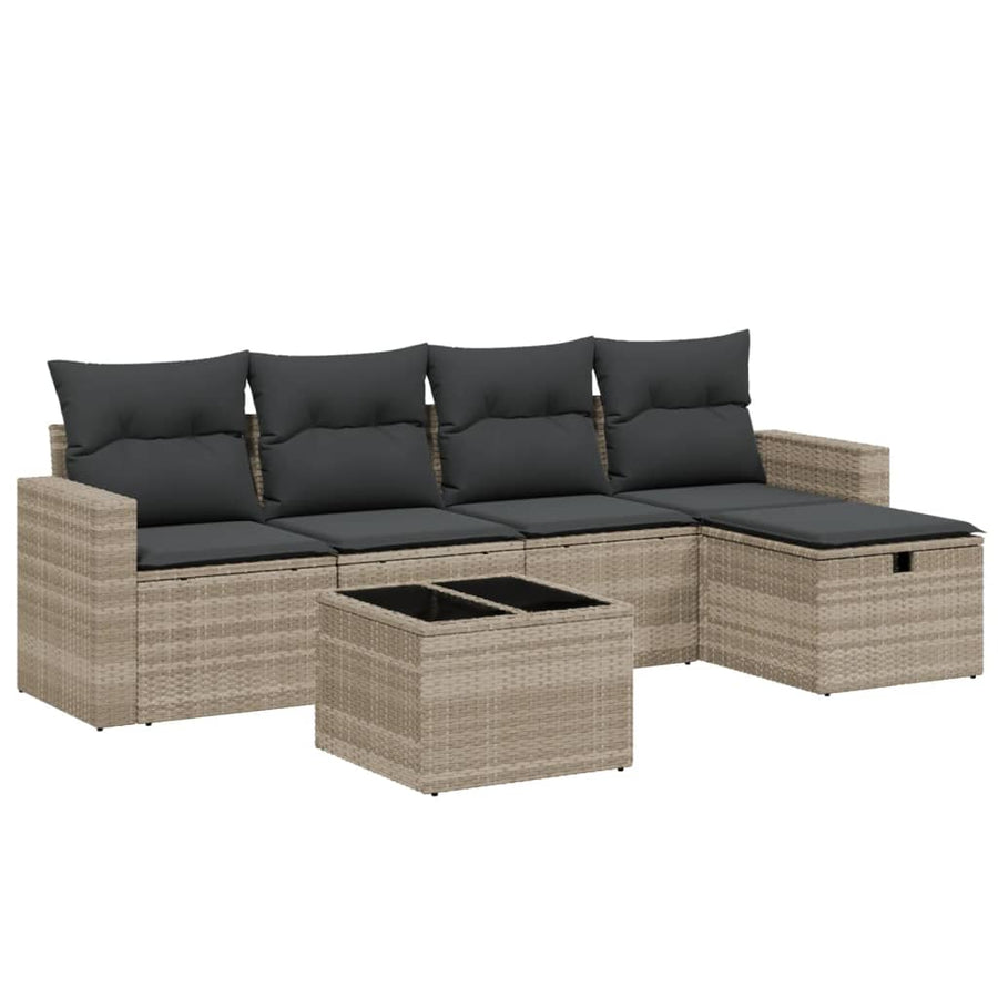 6-delige Loungeset met kussens poly rattan lichtgrijs