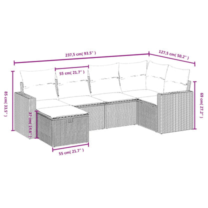 6-delige Loungeset met kussens poly rattan zwart