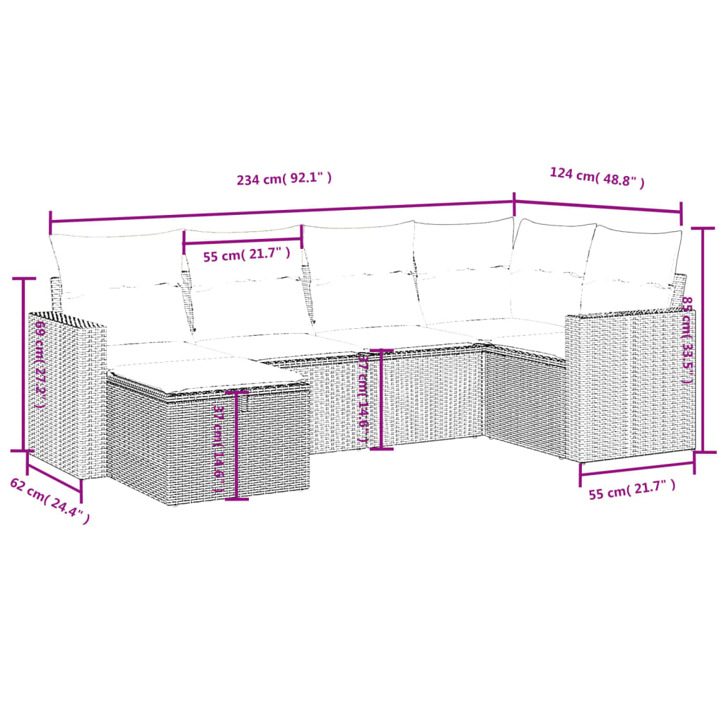 6-delige Loungeset met kussens poly rattan lichtgrijs