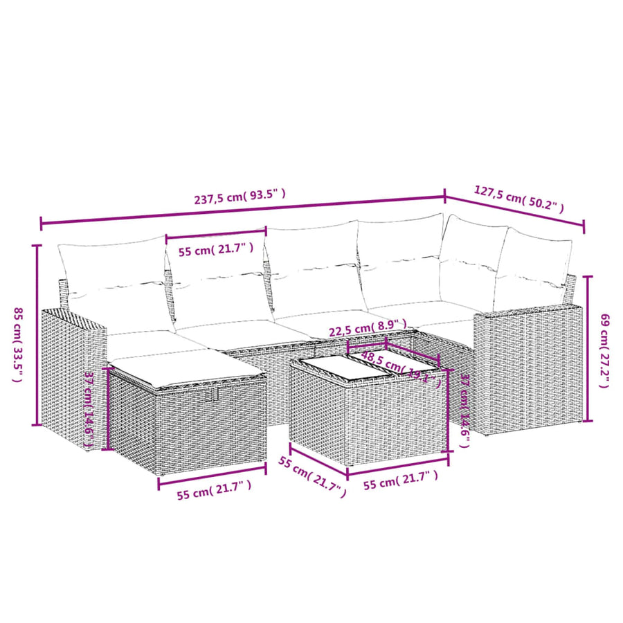 7-Delige Loungeset Met Kussens Poly Rattan Zwart