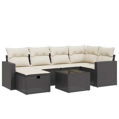 7-delige Loungeset met kussens poly rattan zwart