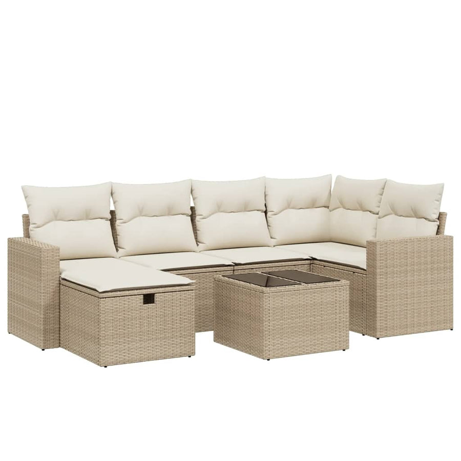 7-delige Loungeset met kussens poly rattan beige