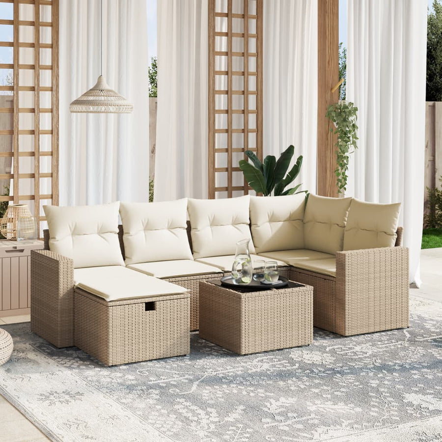 7-delige Loungeset met kussens poly rattan beige