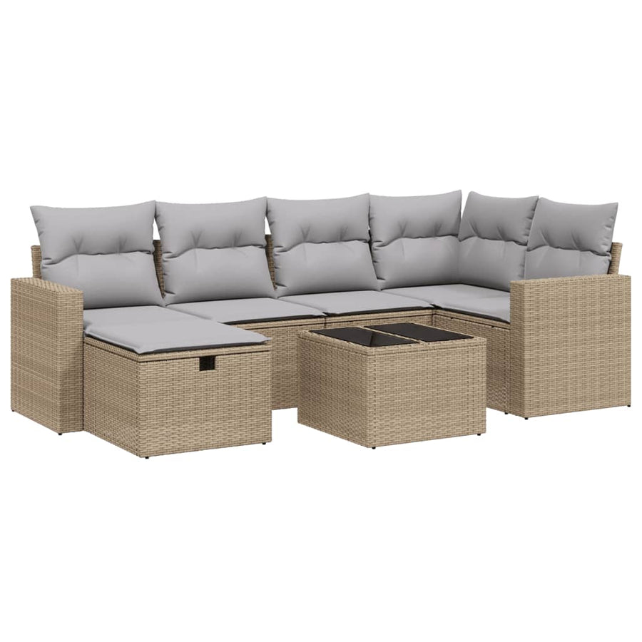 7-Delige Loungeset Met Kussens Poly Rattan Gemengd Beige