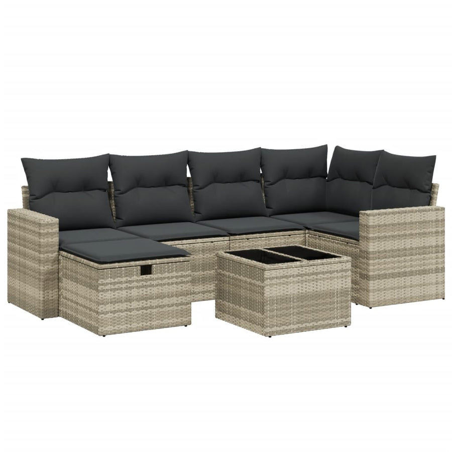 7-delige Loungeset met kussens poly rattan lichtgrijs