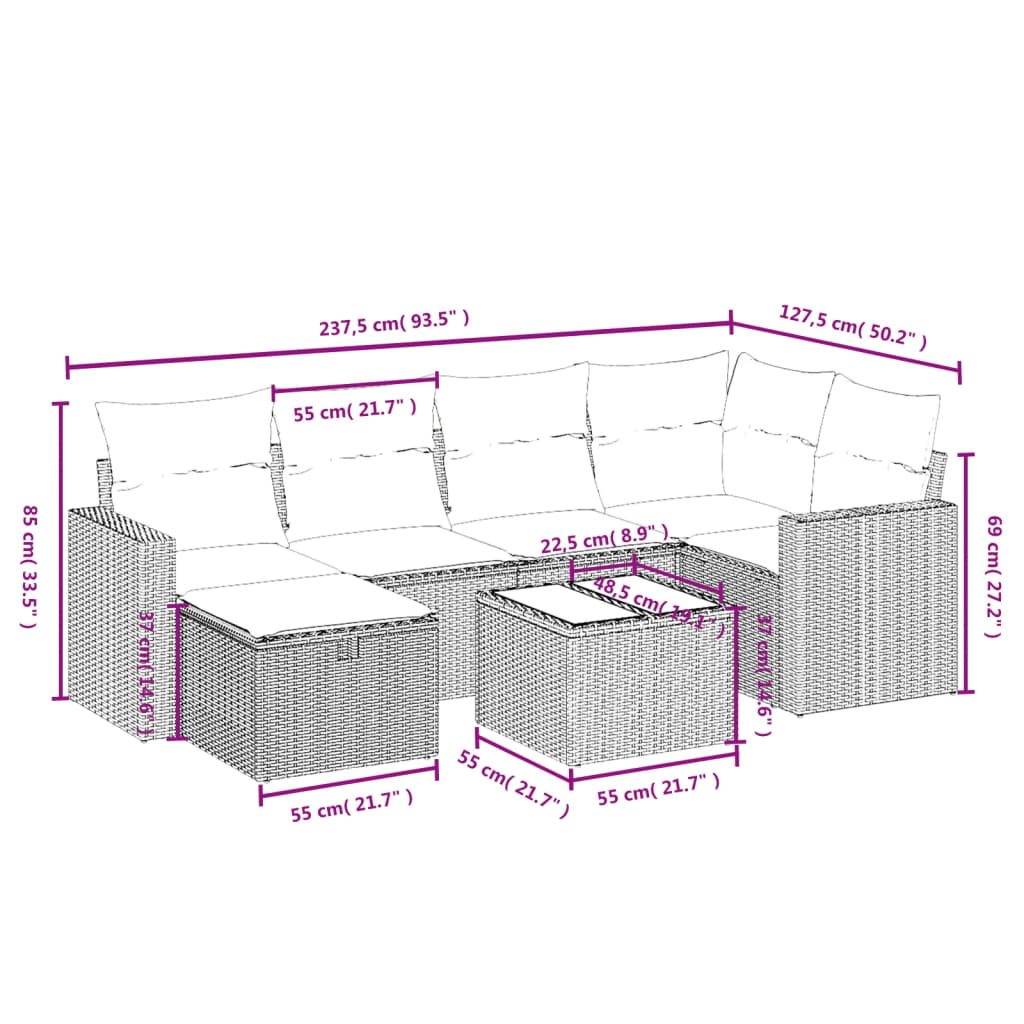 7-delige Loungeset met kussens poly rattan lichtgrijs