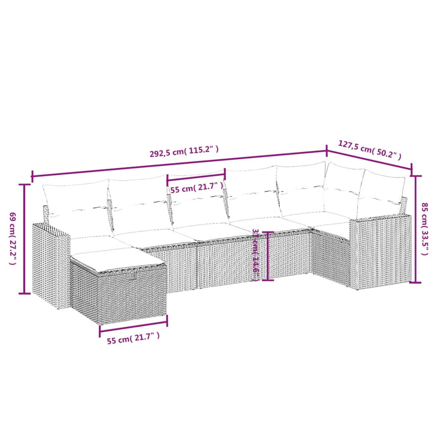 7-Delige Loungeset Met Kussens Poly Rattan Gemengd Beige