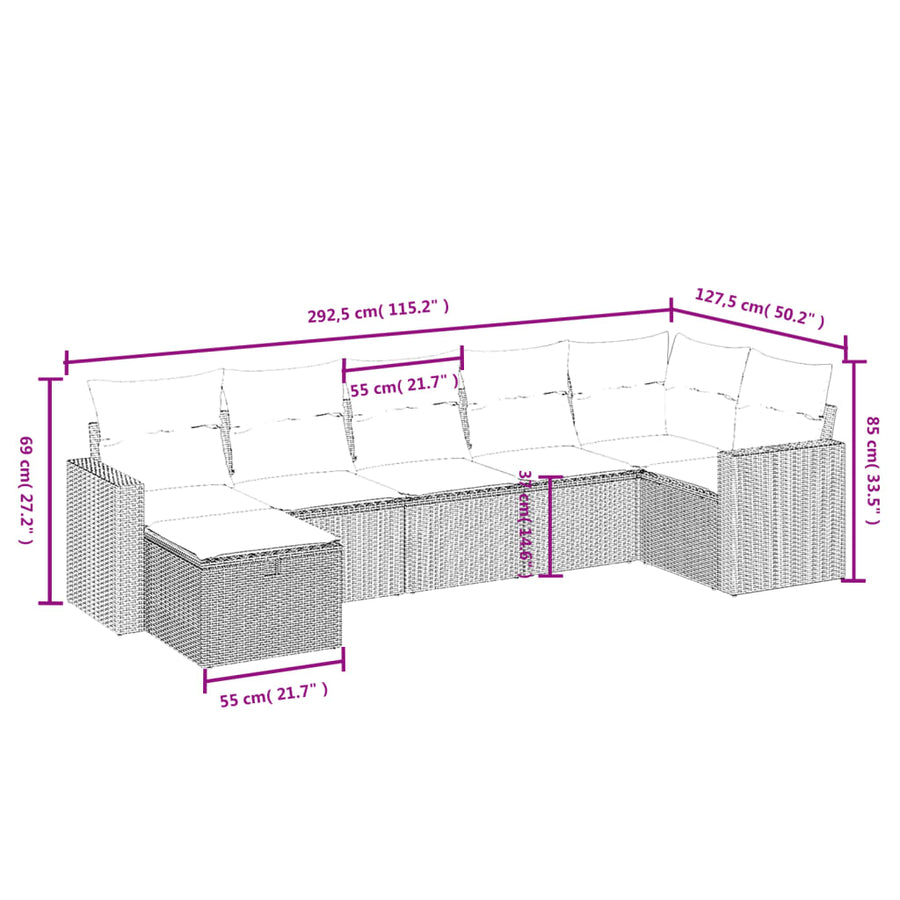 7-Delige Loungeset Met Kussens Poly Rattan Grijs