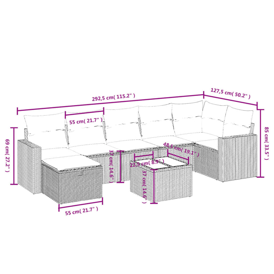 8-Delige Loungeset Met Kussens Poly Rattan Grijs
