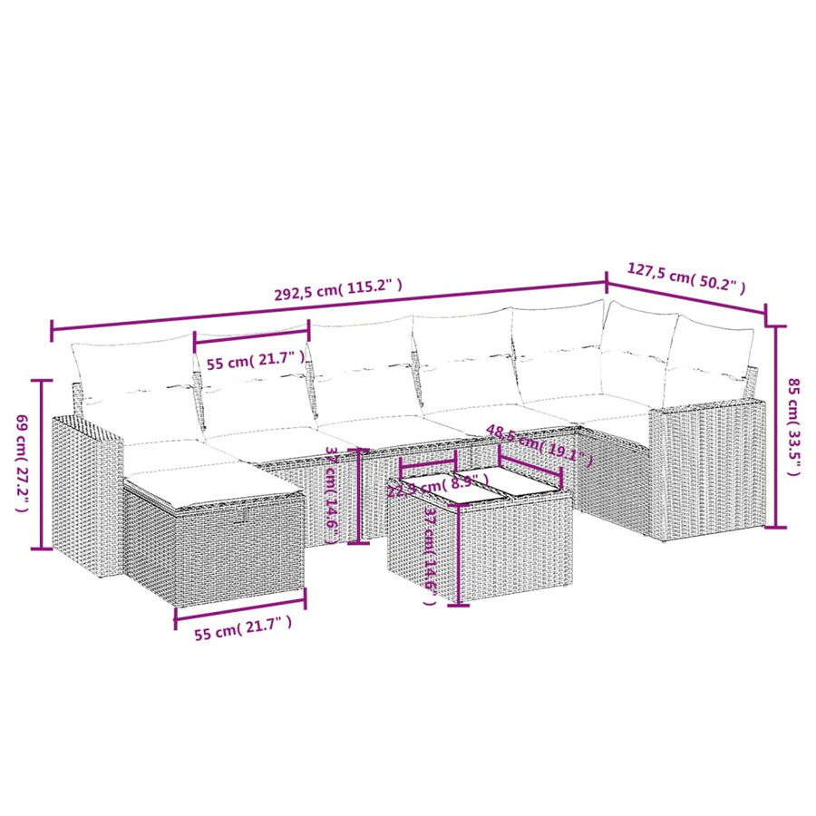8-delige Loungeset met kussens poly rattan lichtgrijs
