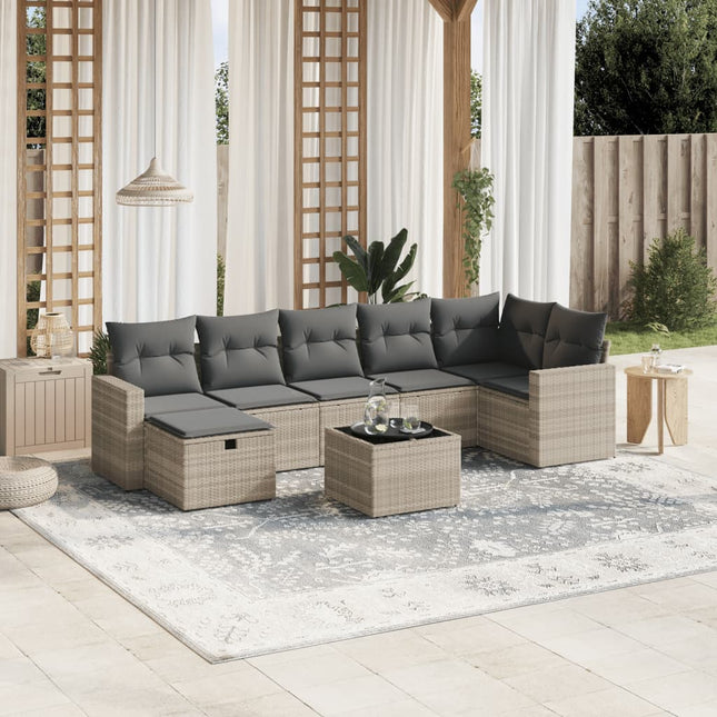 8-delige Loungeset met kussens poly rattan lichtgrijs