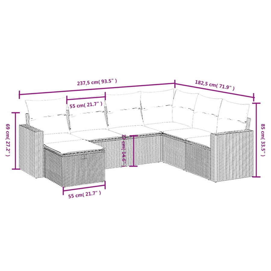 7-Delige Loungeset Met Kussens Poly Rattan Grijs