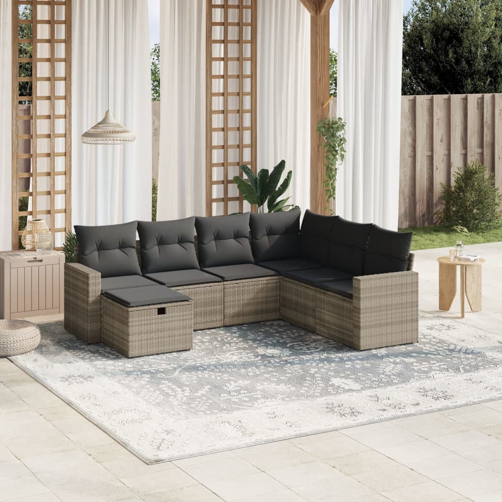 7-delige Loungeset met kussens poly rattan lichtgrijs