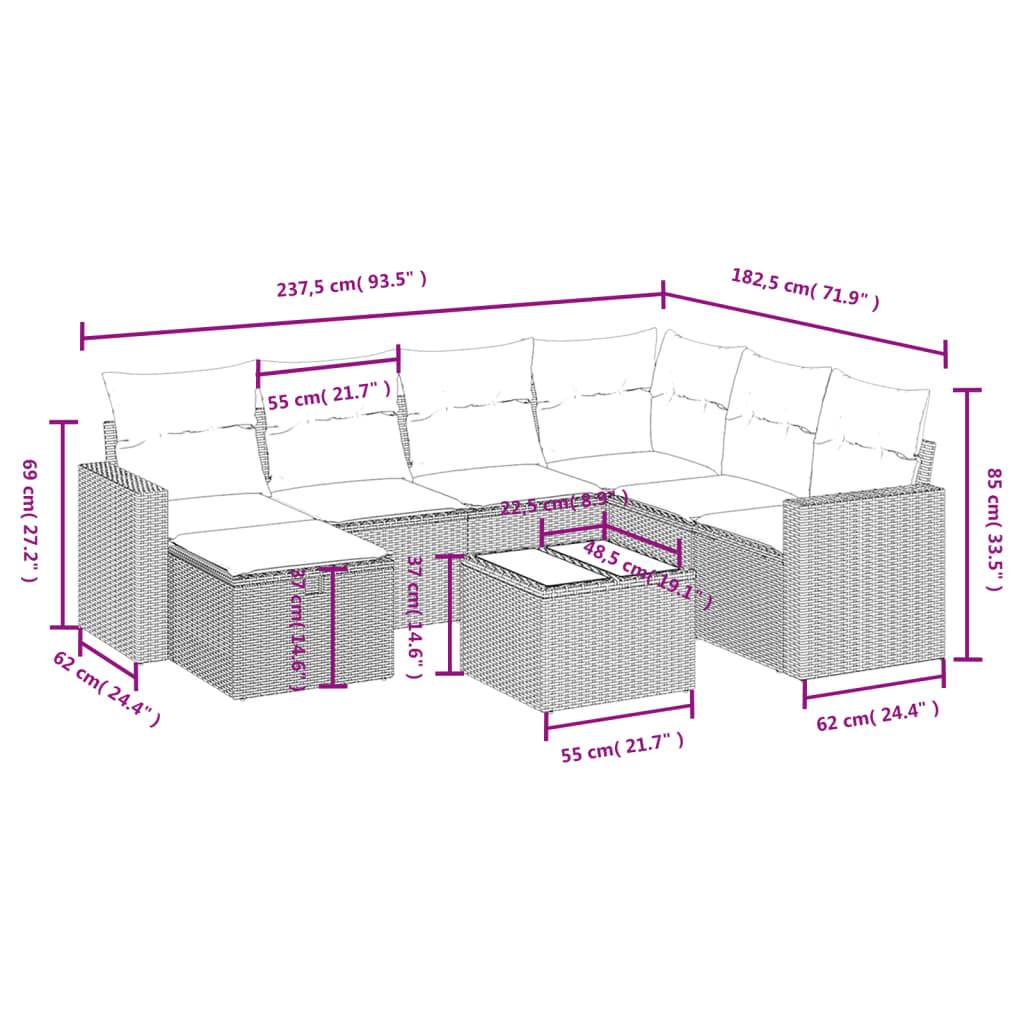 8-Delige Loungeset Met Kussens Poly Rattan Grijs