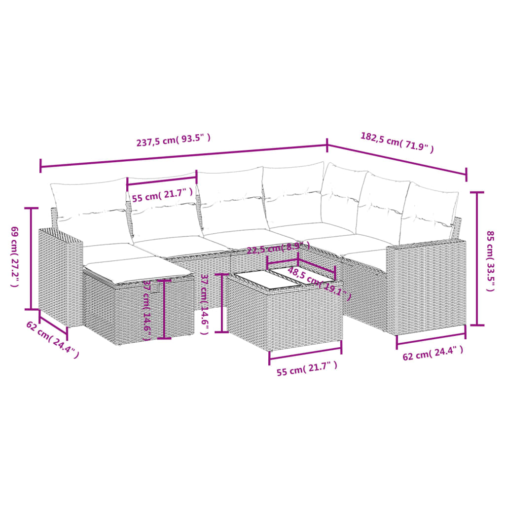 8-delige Loungeset met kussens poly rattan lichtgrijs