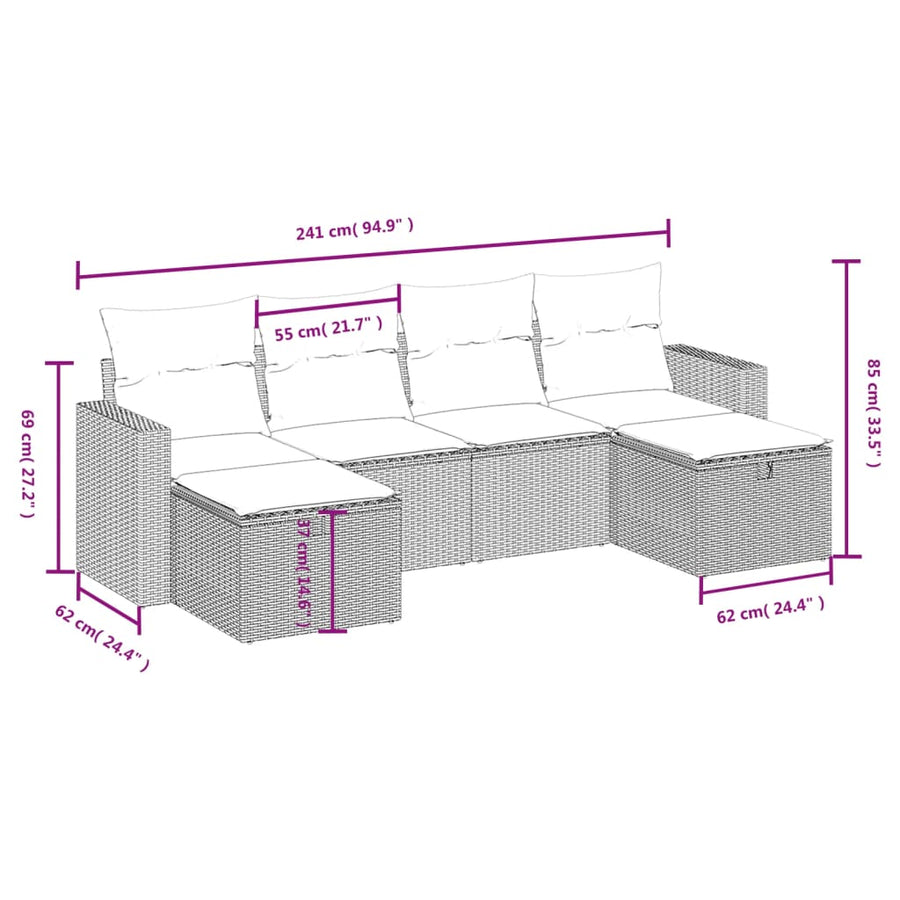 6-Delige Loungeset Met Kussens Poly Rattan Grijs