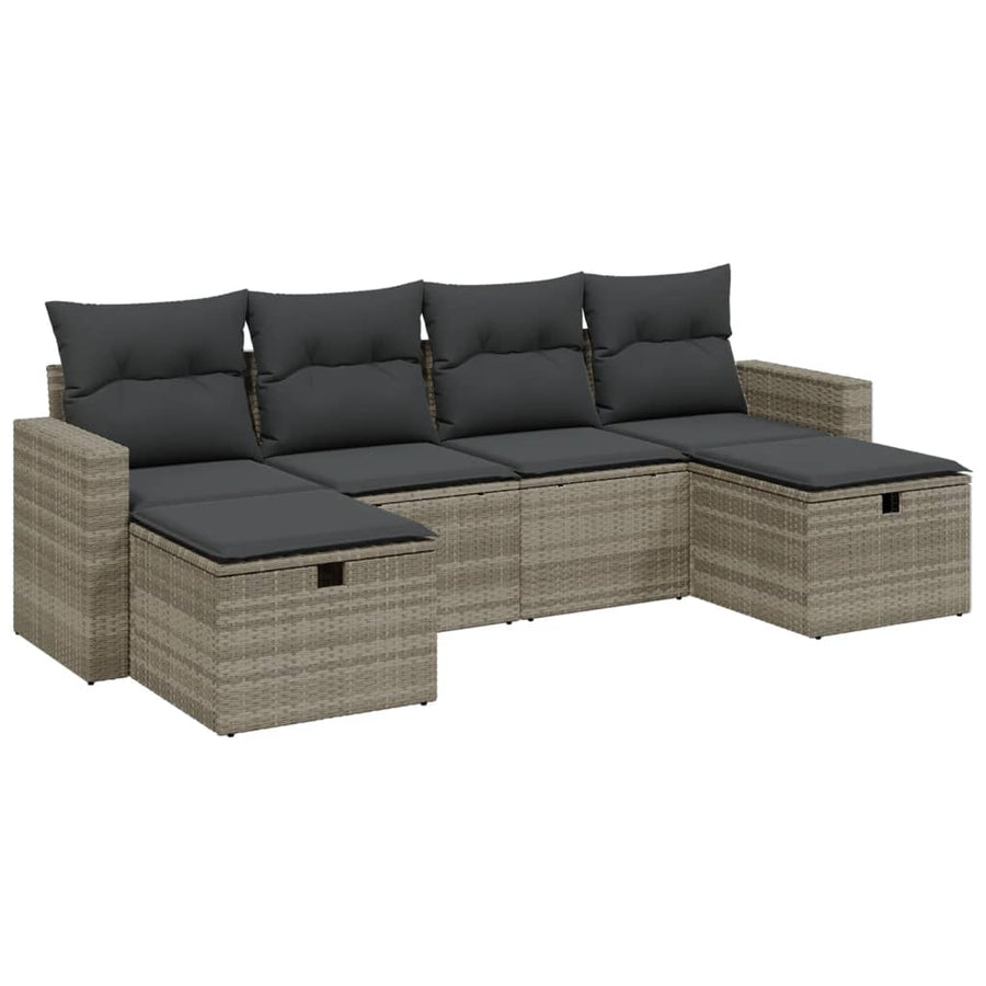 6-delige Loungeset met kussens poly rattan lichtgrijs