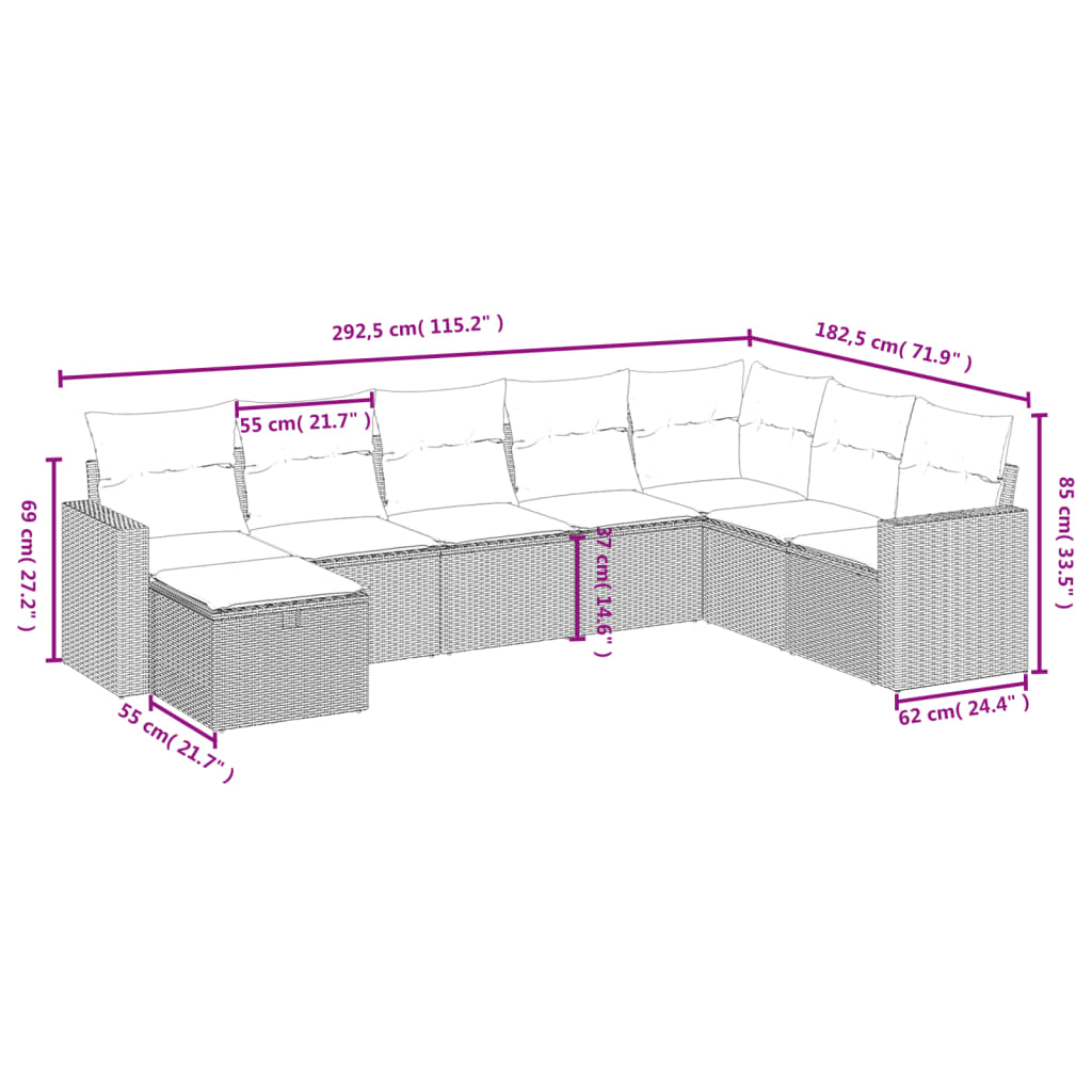 8-delige Loungeset met kussens poly rattan zwart