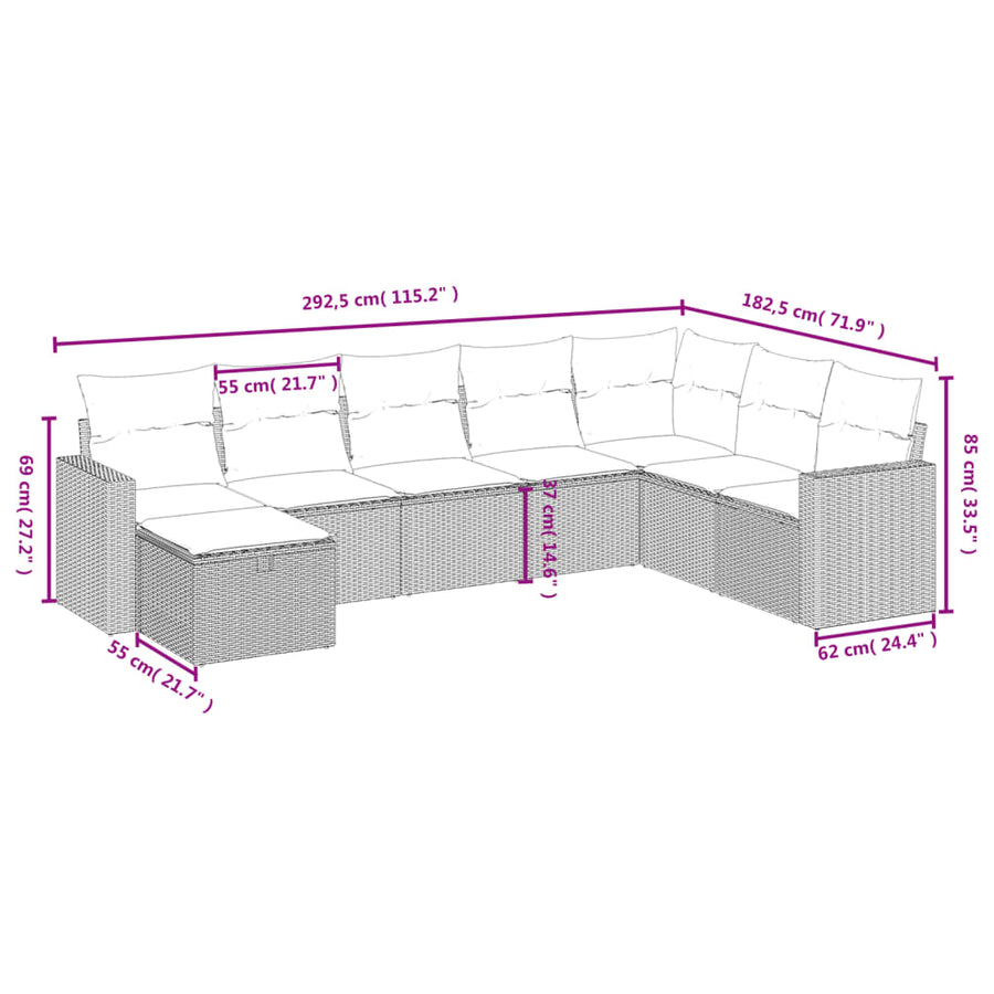 8-delige Loungeset met kussens poly rattan zwart