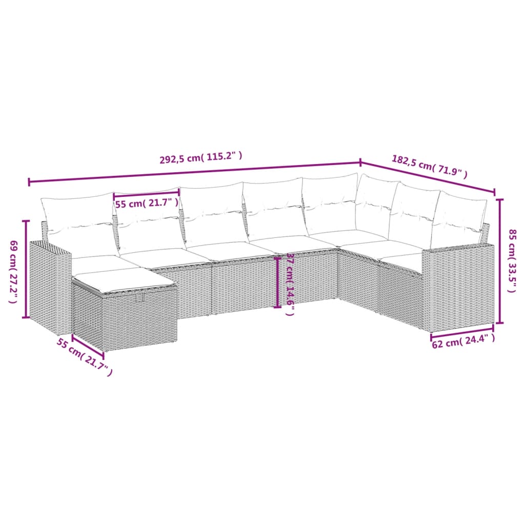 8-delige Loungeset met kussens poly rattan lichtgrijs