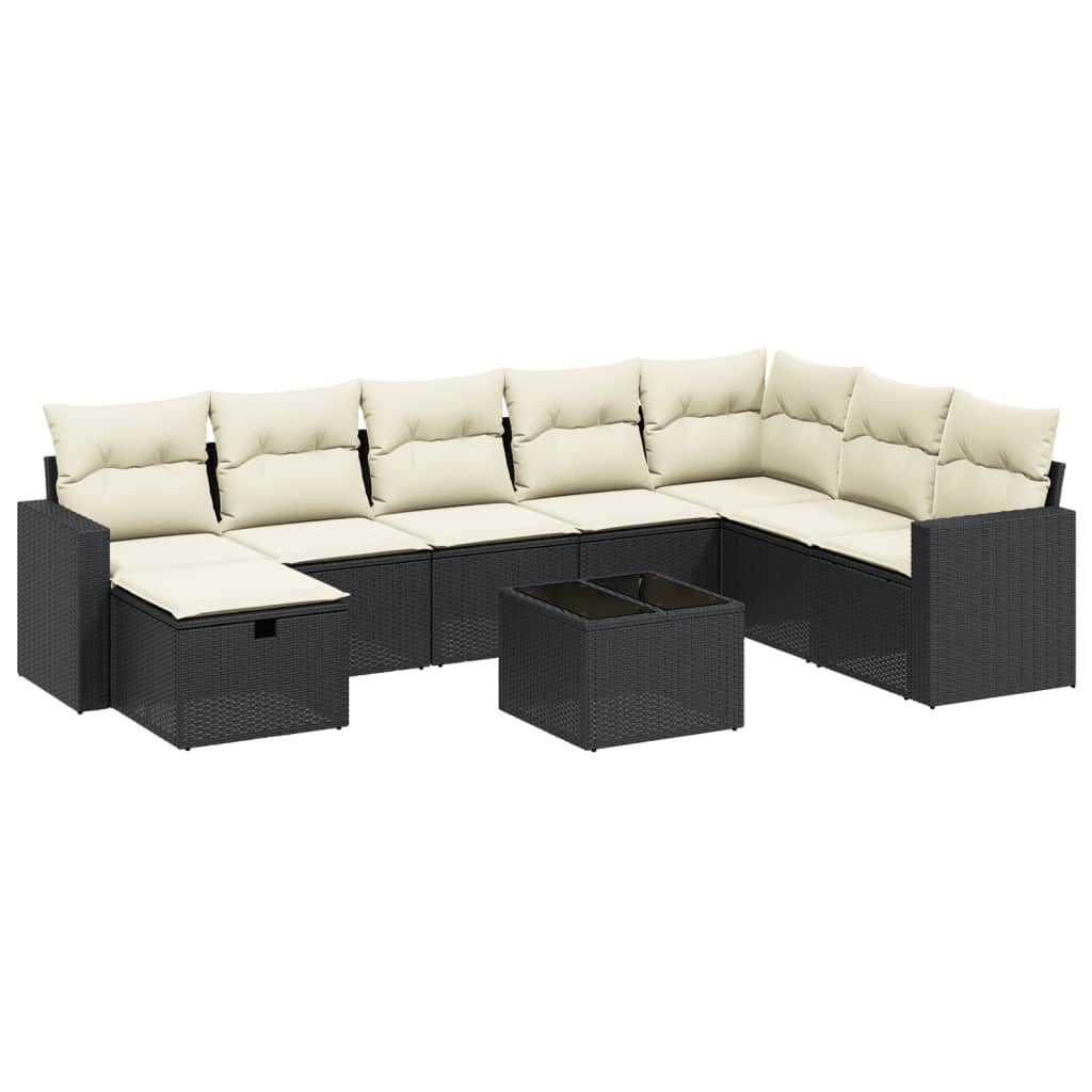 9-delige Loungeset met kussens poly rattan zwart
