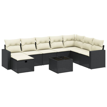 9-delige Loungeset met kussens poly rattan zwart