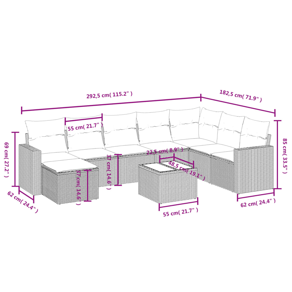 9-delige Loungeset met kussens poly rattan zwart