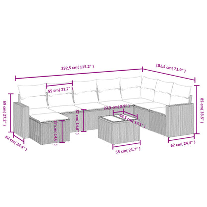 9-delige Loungeset met kussens poly rattan zwart