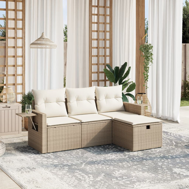 4-Delige Loungeset Met Kussens Poly Rattan Beige