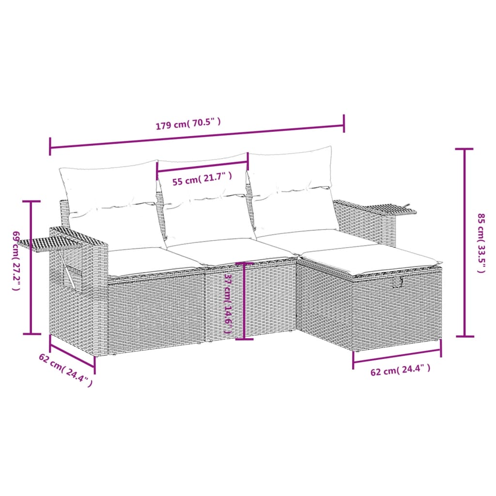 4-delige Loungeset met kussens poly rattan lichtgrijs