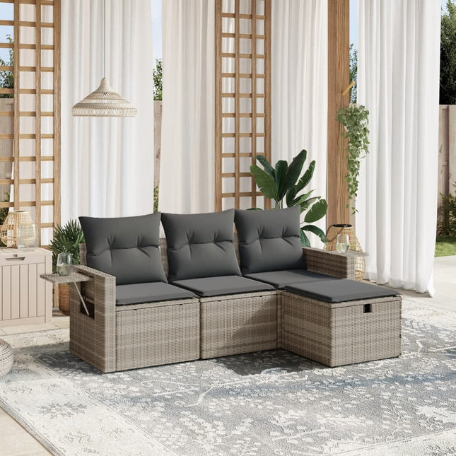 4-delige Loungeset met kussens poly rattan lichtgrijs