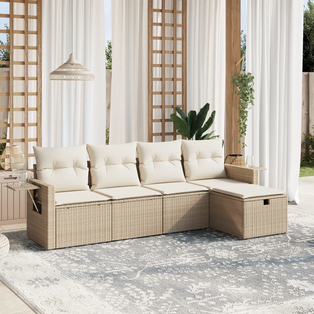 5-delige Loungeset met kussens poly rattan beige