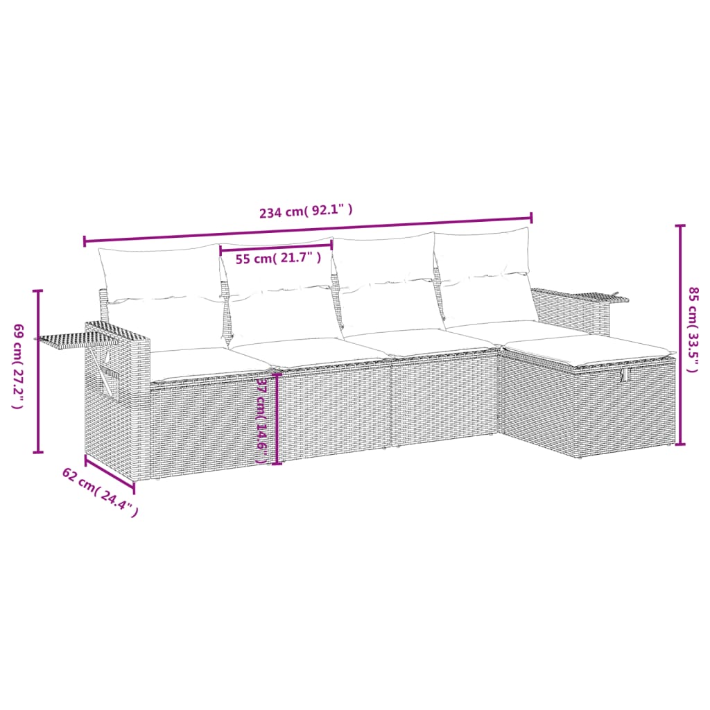 5-Delige Loungeset Met Kussens Poly Rattan Gemengd Beige