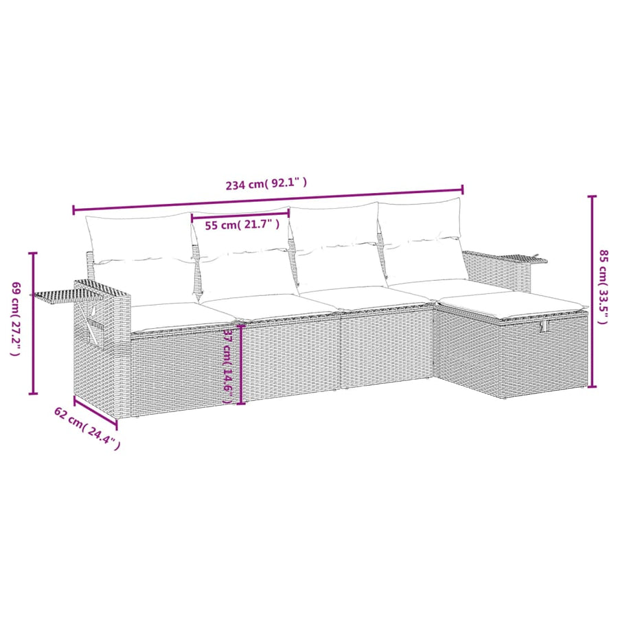 5-Delige Loungeset Met Kussens Poly Rattan Grijs