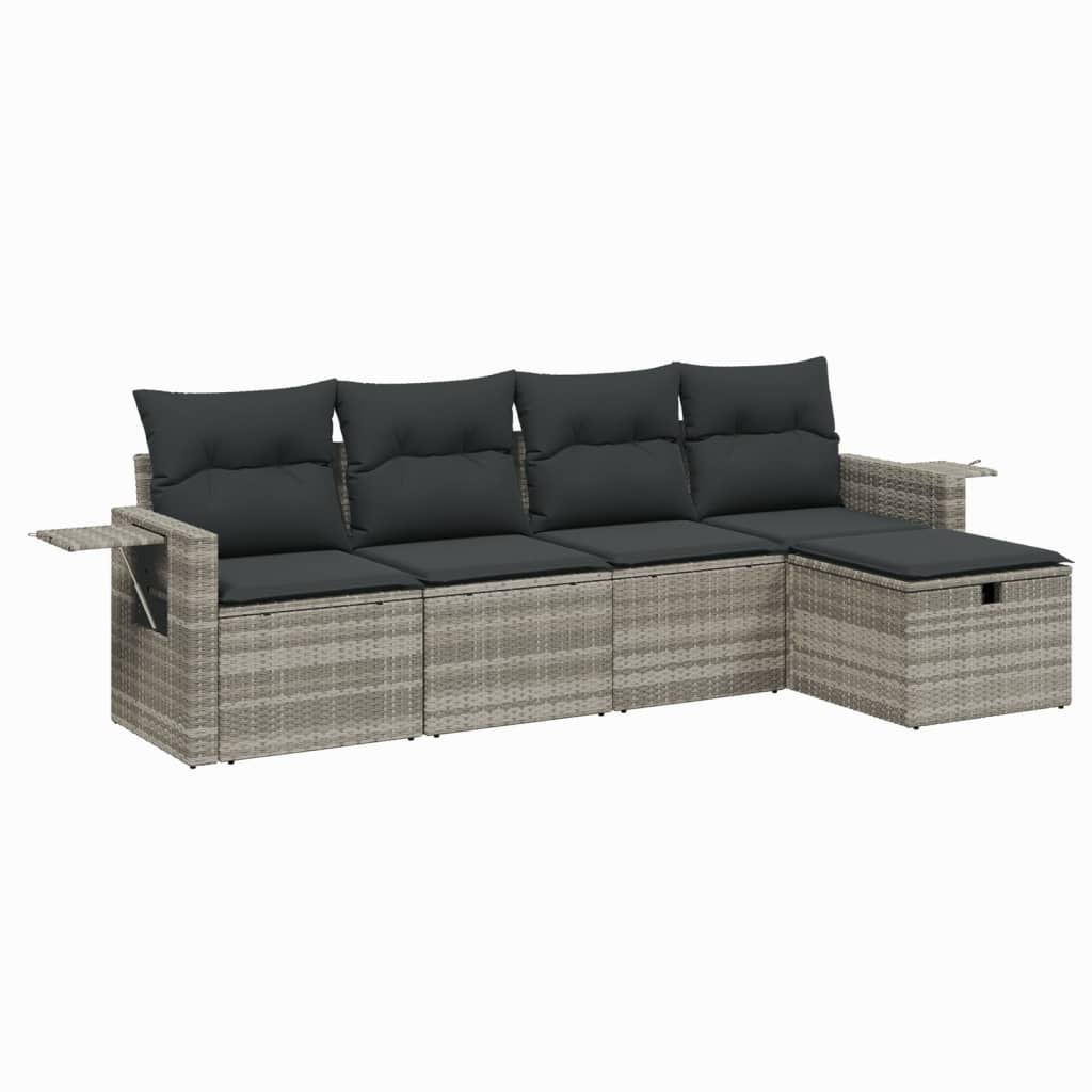 5-delige Loungeset met kussens poly rattan lichtgrijs