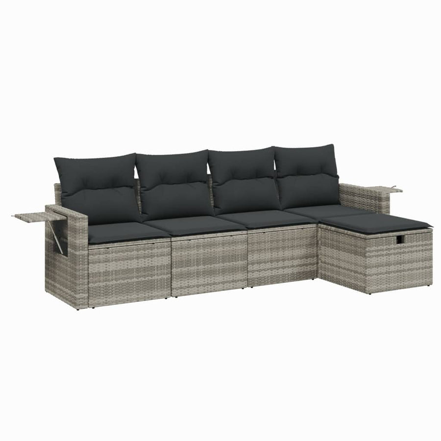 5-delige Loungeset met kussens poly rattan lichtgrijs