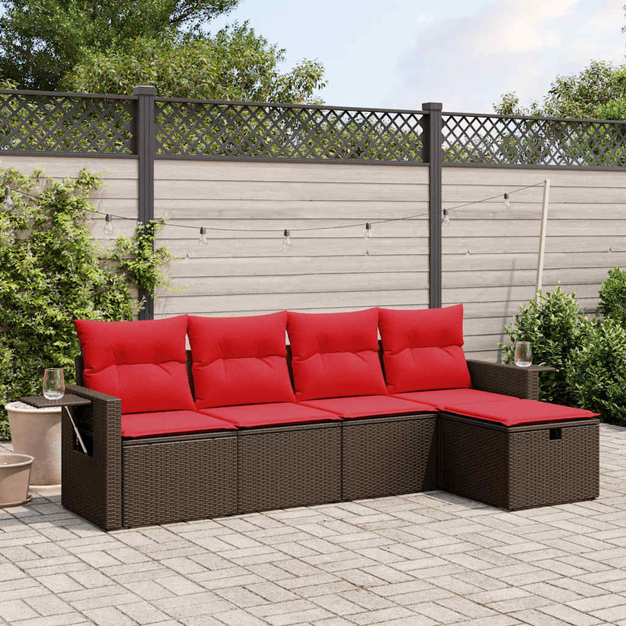 5-delige tuinbankset met kussens, bruin polyrotan