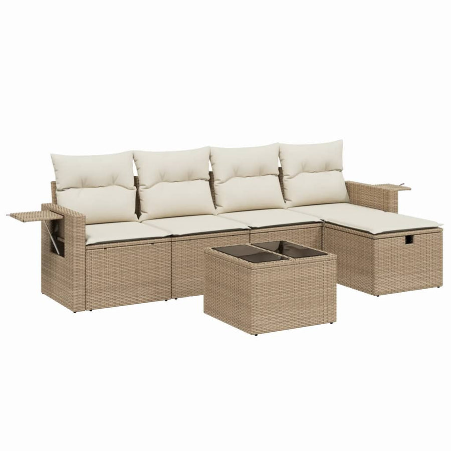 6-delige Loungeset met kussens poly rattan beige